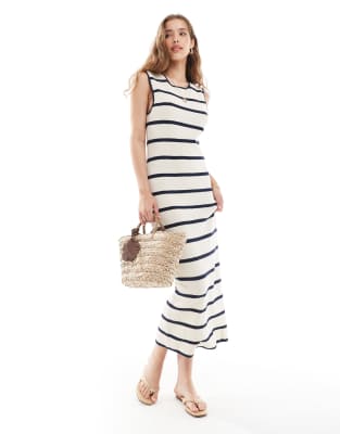 Robe longue en jersey à rayures - Crème et bleu marine-Blanc XXS