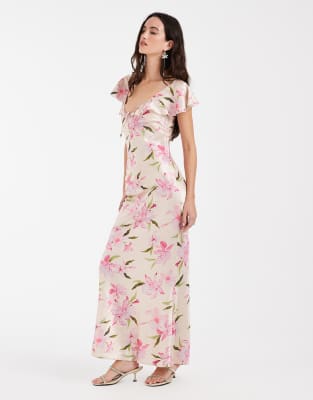 Robe longue en satin à fleurs avec manches évasées - Crème et rose-Blanc L