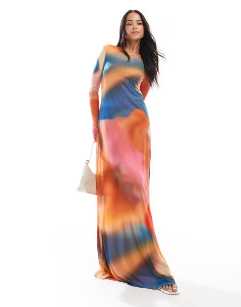 Vero Moda - Robe longue en tulle à manches longues à imprimé coucher de soleil abstrait - Bleu - view 1