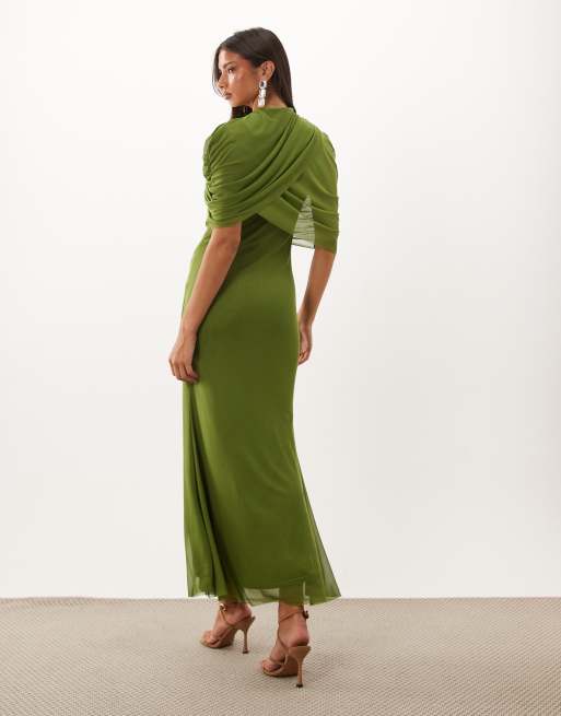 Vero Moda - Robe longue en tulle à manches mi-longues et détail cape - Vert, 3 de 4