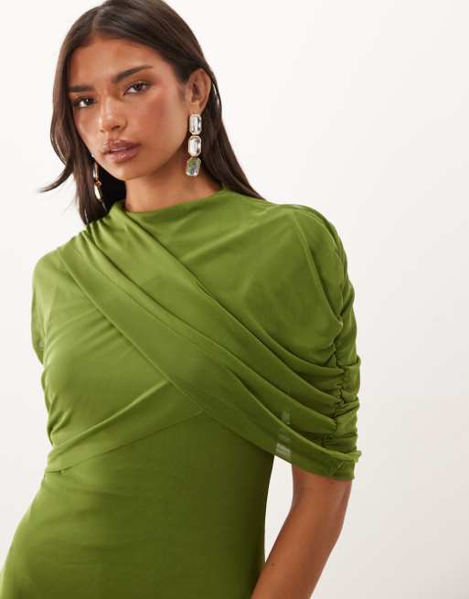 Vero Moda - Robe longue en tulle à manches mi-longues et détail cape - Vert, 4 de 4