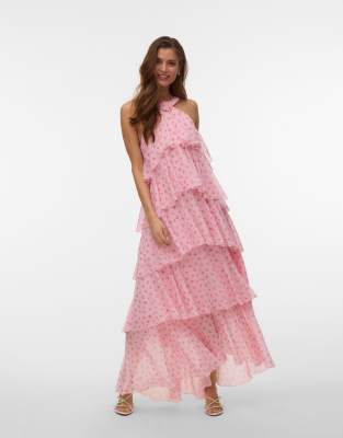 Robe longue étagée à petites fleurs - Rose-Rouge M