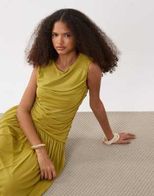 Robe longue froncée sans manches avec taille asymétrique - Vert XS