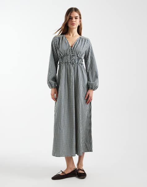 Vero Moda - Robe longue nouée sur le devant à carreaux vichy avec manches longues - Bleu marine et blanc - view 1