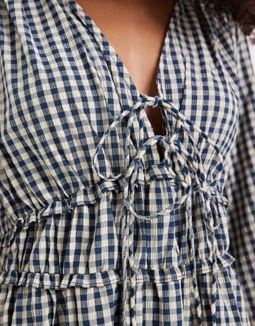 Vero Moda - Robe longue nouée sur le devant à carreaux vichy avec manches longues - Bleu marine et blanc, 2 de 4