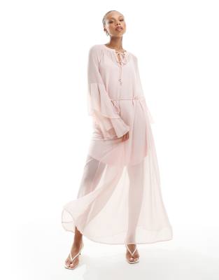Vero Moda - Robe longue style bohème avec manches volantées et taille nouée - Rose