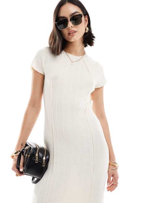 Vero Moda - Robe longueur mollet en jersey texturé avec bords festonnés - Crème