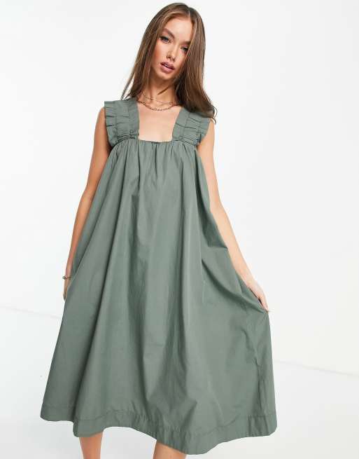 Vero Moda - Robe mi-longue à bretelles froncées en coton - Kaki - MGREEN