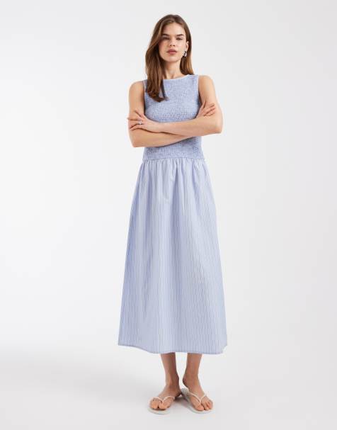 Vero Moda - Robe mi-longue à rayures avec corsage froncé - Bleu - view 1
