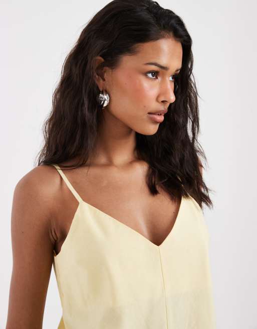 Vero Moda - Robe mi-longue aspect lin à fines bretelles - Jaune banane, 3 de 4