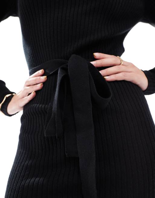 Vero Moda - Robe mi-longue en maille côtelée avec manches longues et ceinture - Noir, 3 de 4