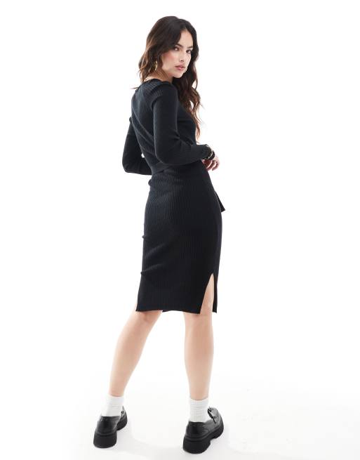 Vero Moda - Robe mi-longue en maille côtelée avec manches longues et ceinture - Noir, 4 de 4