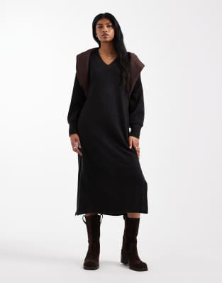 Robe mi-longue en maille côtelée douce avec col V - Noir XXS