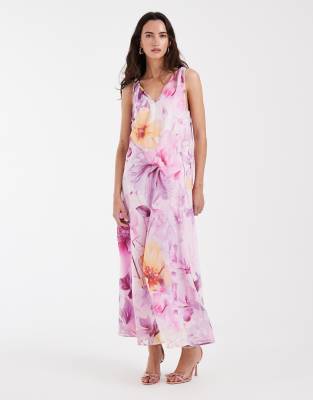 Robe mi-longue en mousseline à imprimé fleurs oversize avec col V et godets - Lilas-Rose S