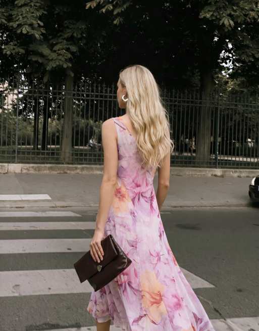 Vero Moda - Robe mi-longue en mousseline à imprimé fleurs oversize avec col V et godets - Lilas , 3 de 3