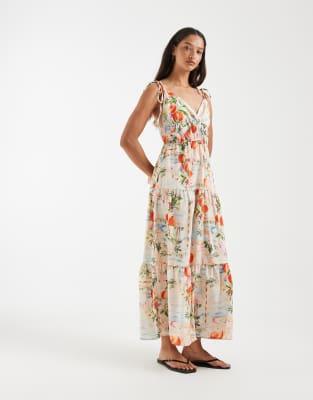 Robe mi-longue étagée à bretelles nouées et imprimé paysage - Orange L