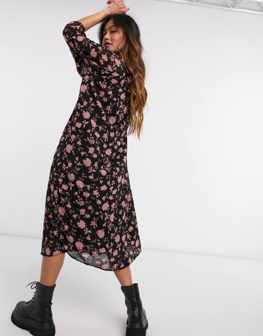 Vero Moda Robe mi longue fluide avec fente sur le c t Noir fleuri