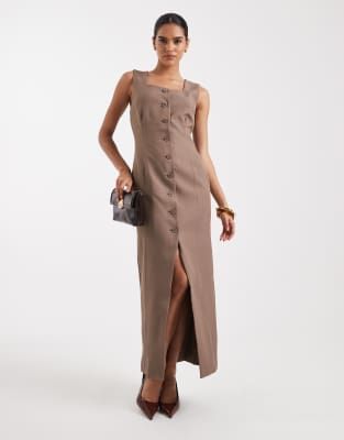 Robe mi-longue habillée boutonnée devant à encolure carrée - Marron clair-Neutre 38