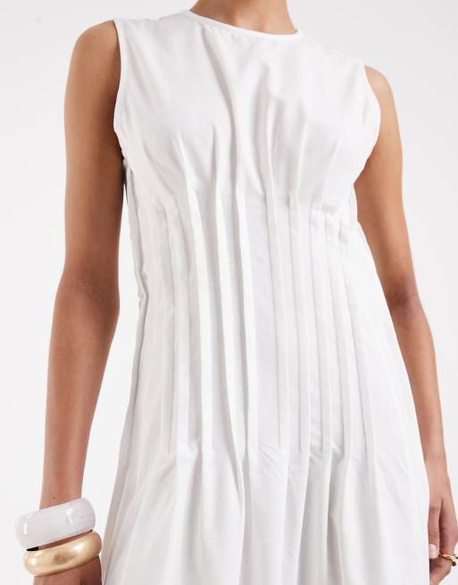 Vero Moda - Robe mi-longue sans manches en popeline avec taille plissée - Blanc, 3 de 4