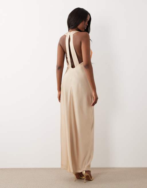Vero Moda - Robe mi-longue sans manches en satin à dos ouvert et fleurs oversize - Doré pâle, 2 de 4