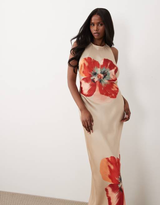 Vero Moda - Robe mi-longue sans manches en satin à dos ouvert et fleurs oversize - Doré pâle, 3 de 4