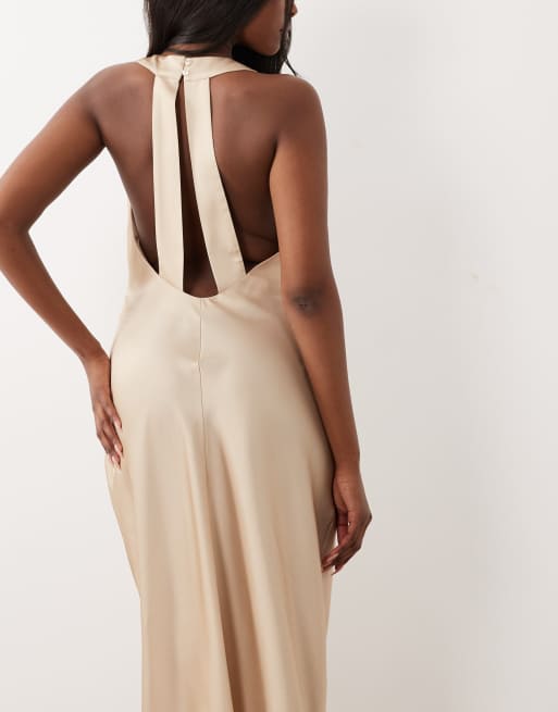 Vero Moda - Robe mi-longue sans manches en satin à dos ouvert et fleurs oversize - Doré pâle, 4 de 4