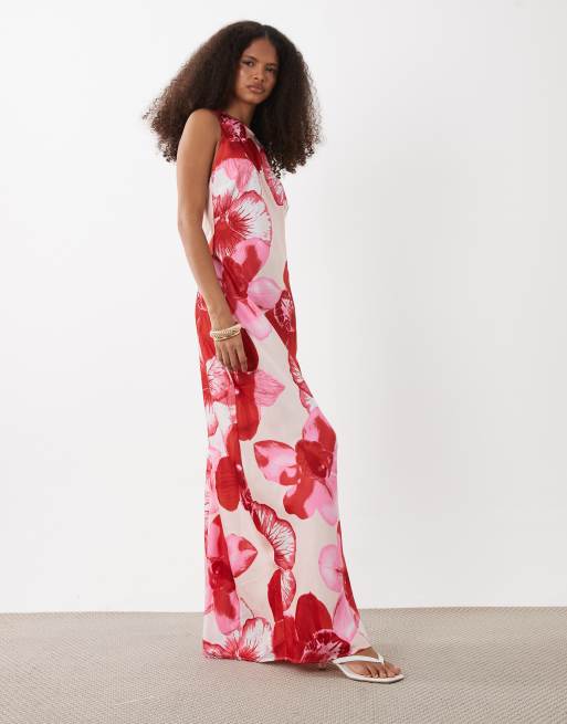 Vero Moda - Robe mi-longue sans manches en satin à dos ouvert et fleurs oversize - Rose clair, 3 de 4