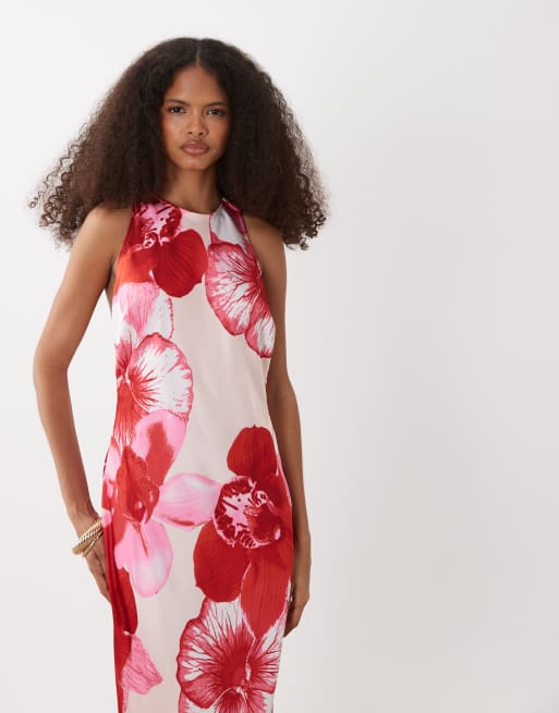 Vero Moda - Robe mi-longue sans manches en satin à dos ouvert et fleurs oversize - Rose clair, 4 de 4