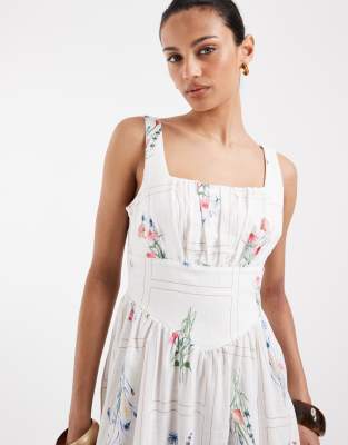 Robe mi-longue sans manches tendance folk à imprimé fleurs des champs - Blanc XL