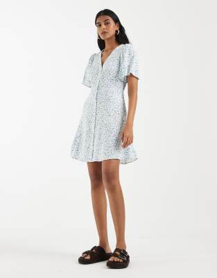 Robe patineuse courte boutonnée à petites fleurs - Blanc et bleu M