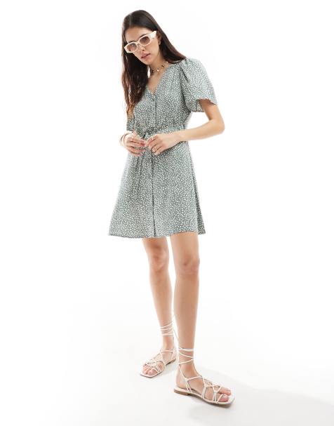 Vero Moda - Robe patineuse courte boutonnée à pois - Vert sauge - view 1