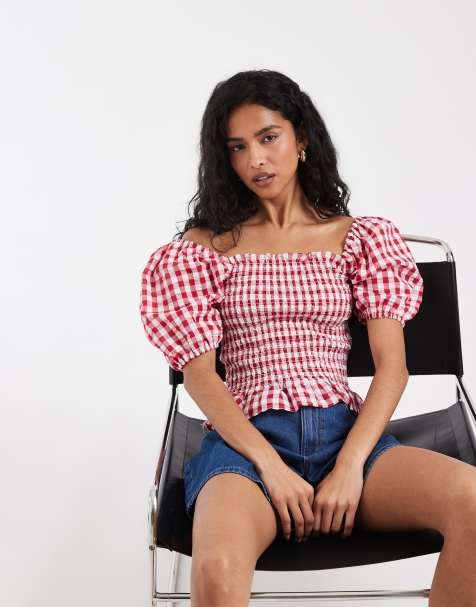 Vero Moda – Röd, ginghamrutig crop top med smockat liv och puffärmar - view 1