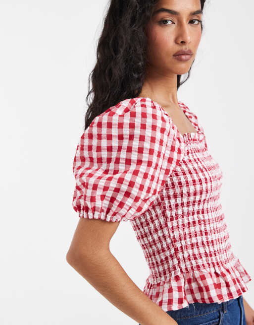 Vero Moda – Röd, ginghamrutig crop top med smockat liv och puffärmar, 2 av 4