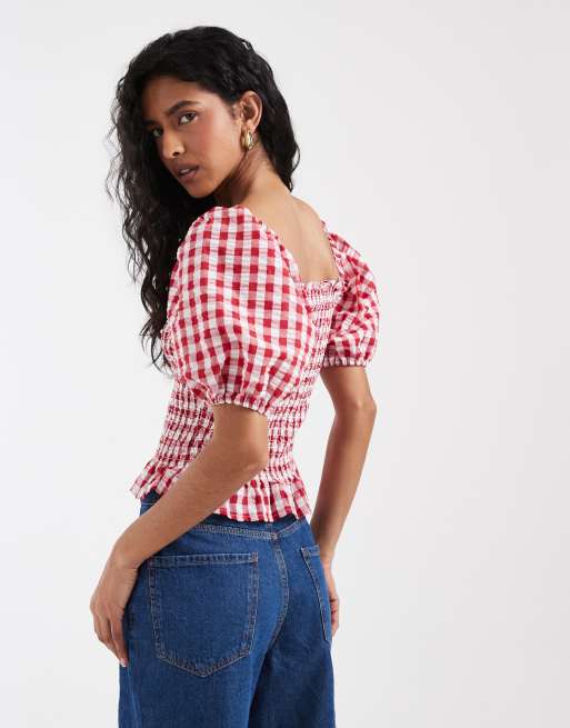 Vero Moda – Röd, ginghamrutig crop top med smockat liv och puffärmar, 4 av 4