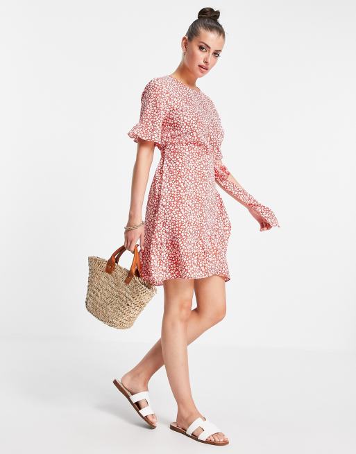 Vero Moda – Röd prickig miniklänning med volang
