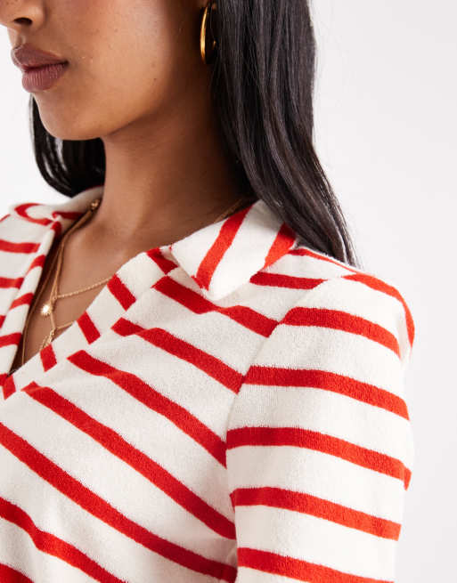 Vero Moda – Rödrandig t-shirt i frotté med pikékrage, del av set, 2 av 4
