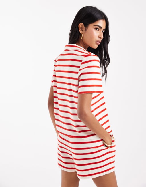 Vero Moda – Rödrandig t-shirt i frotté med pikékrage, del av set, 4 av 4