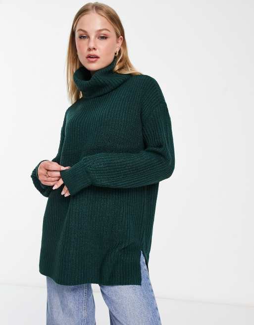 Vero Moda roll neck longline jumper in dark green | ASOS