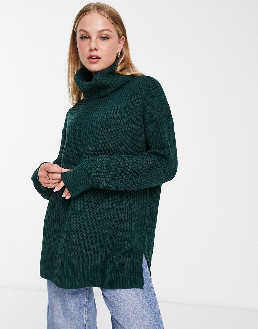 Vero Moda roll neck longline sweater in dark green