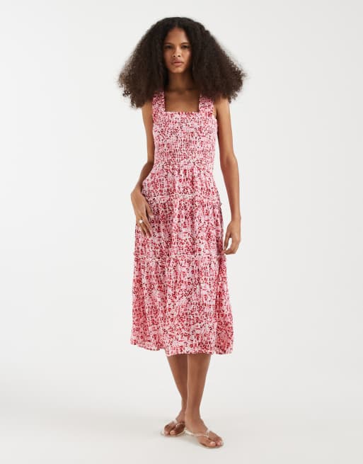 Vero Moda – Rosa, blommig, panelsydd midiklänning med smockat liv, 2 av 4