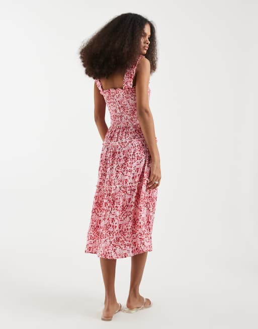 Vero Moda – Rosa, blommig, panelsydd midiklänning med smockat liv, 4 av 4