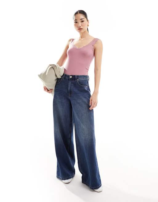Vero Moda – Rosa linne i jersey med spetskant, 4 av 4