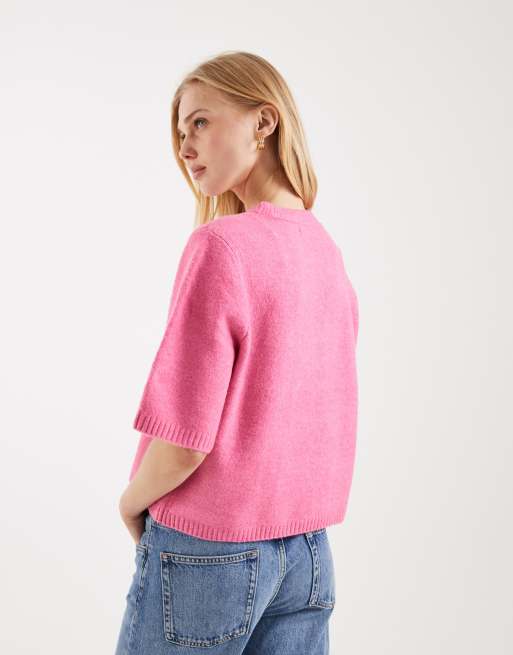 Vero Moda – Rosa, mjuk, stickad t-shirt i oversize med boxig passform och rund halsringning, 3 av 4