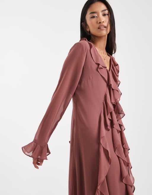 Vero Moda - Rosa-pink boho-maxikjole med flæser i chiffon, 3 af 4