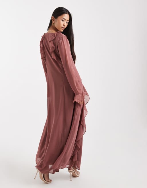 Vero Moda - Rosa-pink boho-maxikjole med flæser i chiffon, 4 af 4