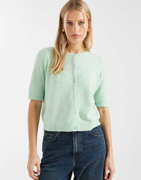 Vero Moda round neck knit short sleeve cardigan in birds egg green - view 1
