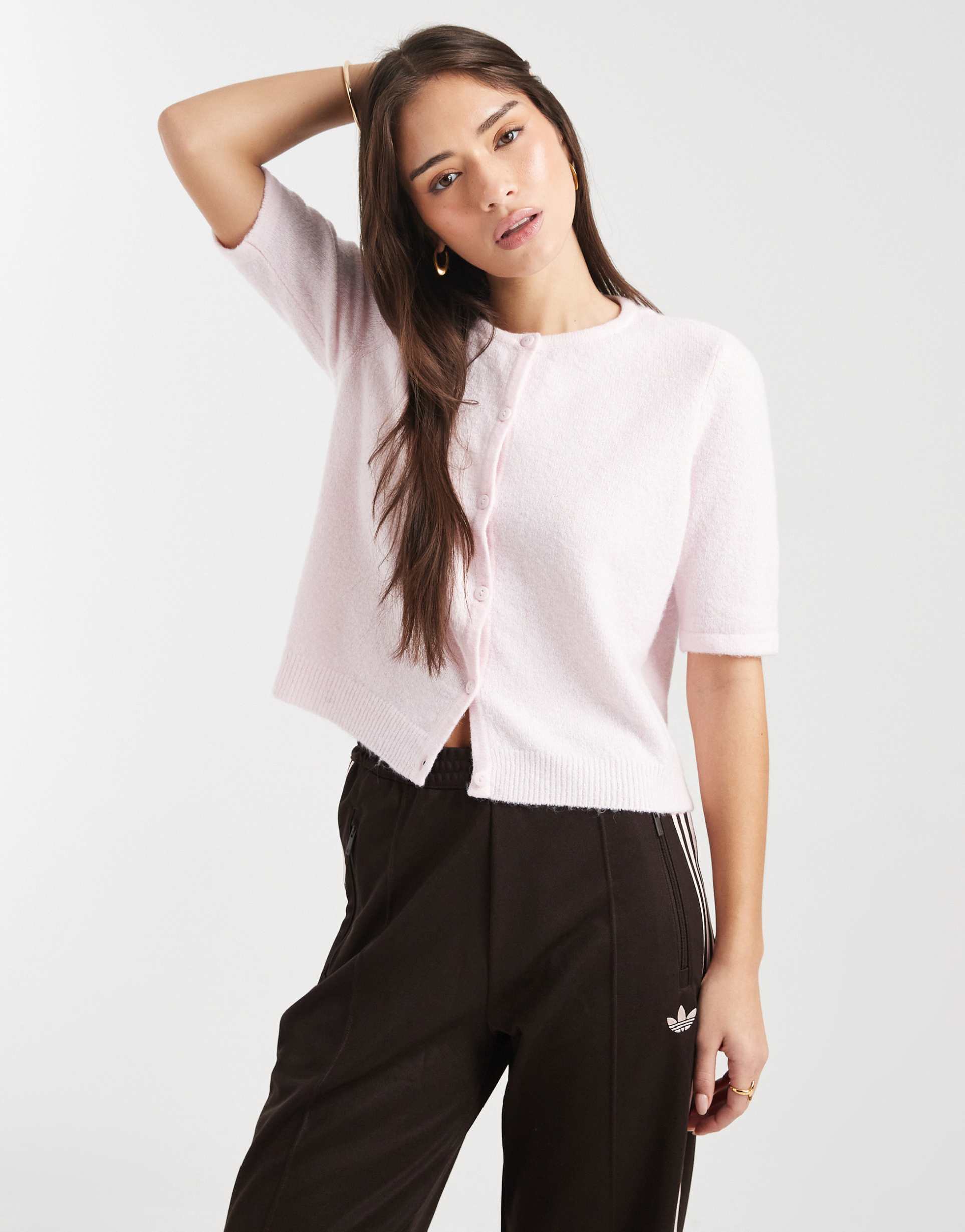 vero moda round neck knit short sleeve cardigan in pink-a-boo