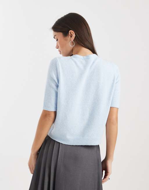 Vero Moda round neck knit short sleeve cardigan in soft blue, 4 of 4