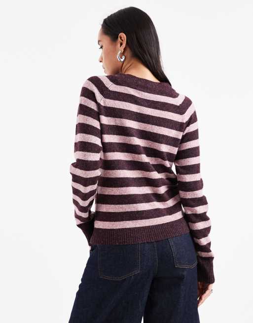 Vero Moda round neck knit sweater in burgundy and pink heathered stripes, 2 of 4