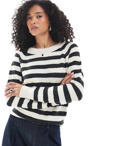 Vero Moda round neck knit sweater in cream and heathered black stripes - view 1